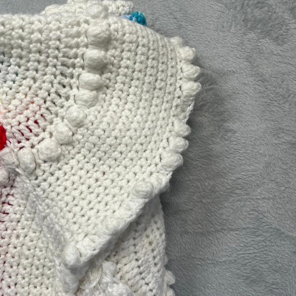 Handmade Crochet Blanket White Rainbow Bobble Stitch Scalloped Throw 80x60